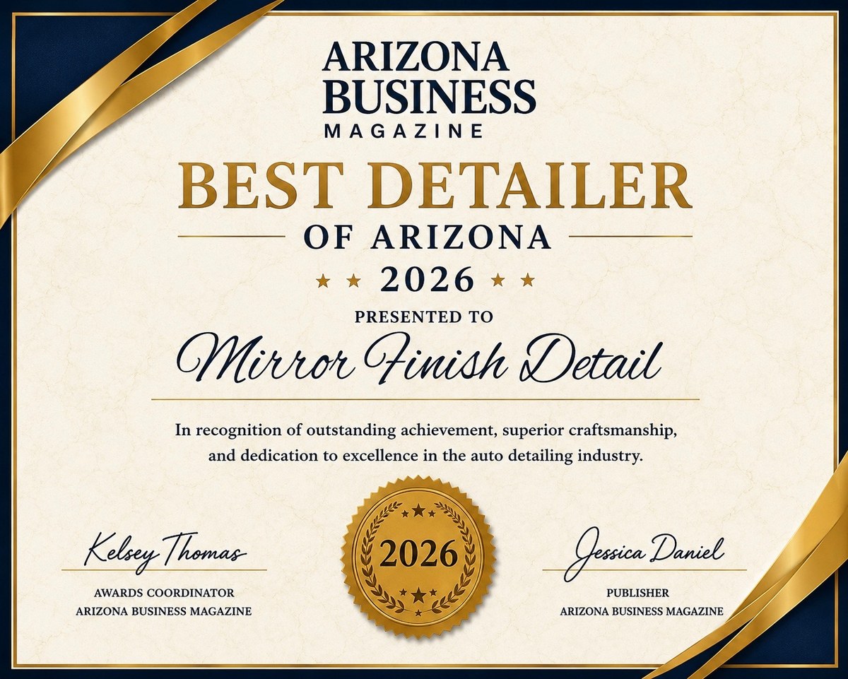 Arizona Business Magazine certificate naming Mirror Finish Detail the Best Detailer of Arizona for 2026